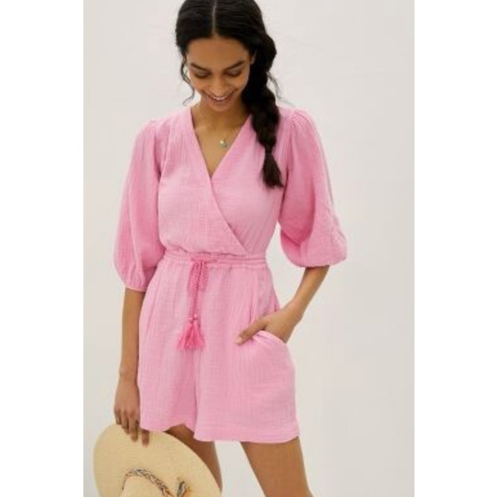 Anthropologie Celia Gauzy Cotton Pink Romper Size S Bohemian Beach Coastal
